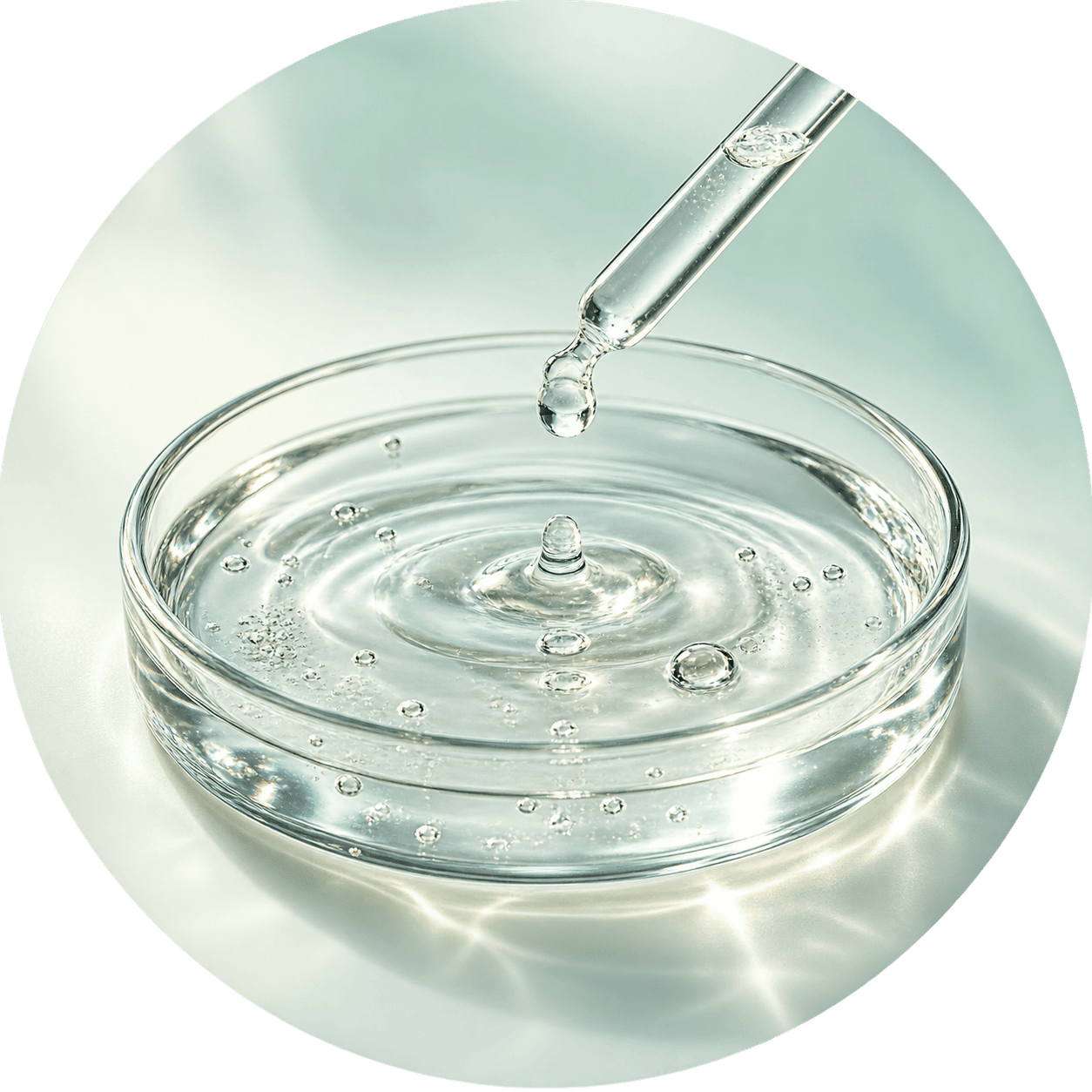 Clear Hydroxypropyl Tetrahydropyrantriol solution in a glass dish with pipette