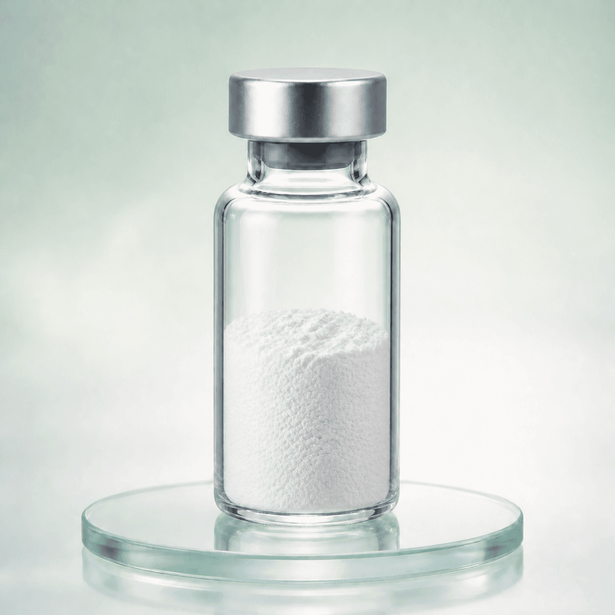 Clear SNAP-8 laboratory vial containing visible fine white lyophilized powder