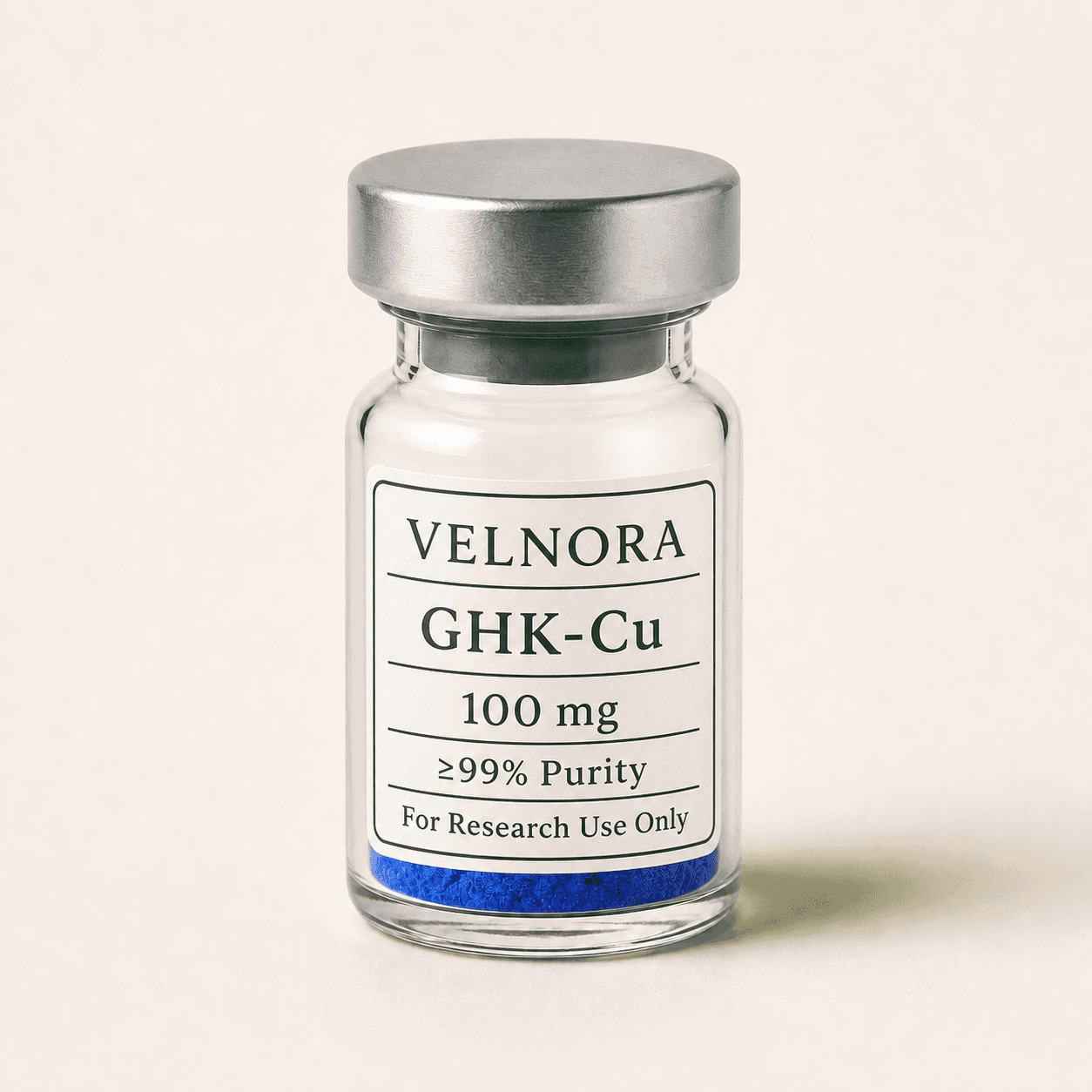 VELNORA GHK-Cu 100 mg vial with blue material and ≥99% purity label
