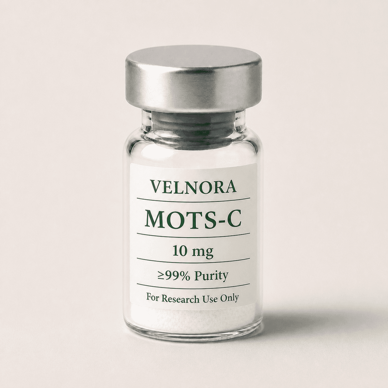 VELNORA MOTS-C 10 mg vial with white lyophilized powder and ≥99% purity label