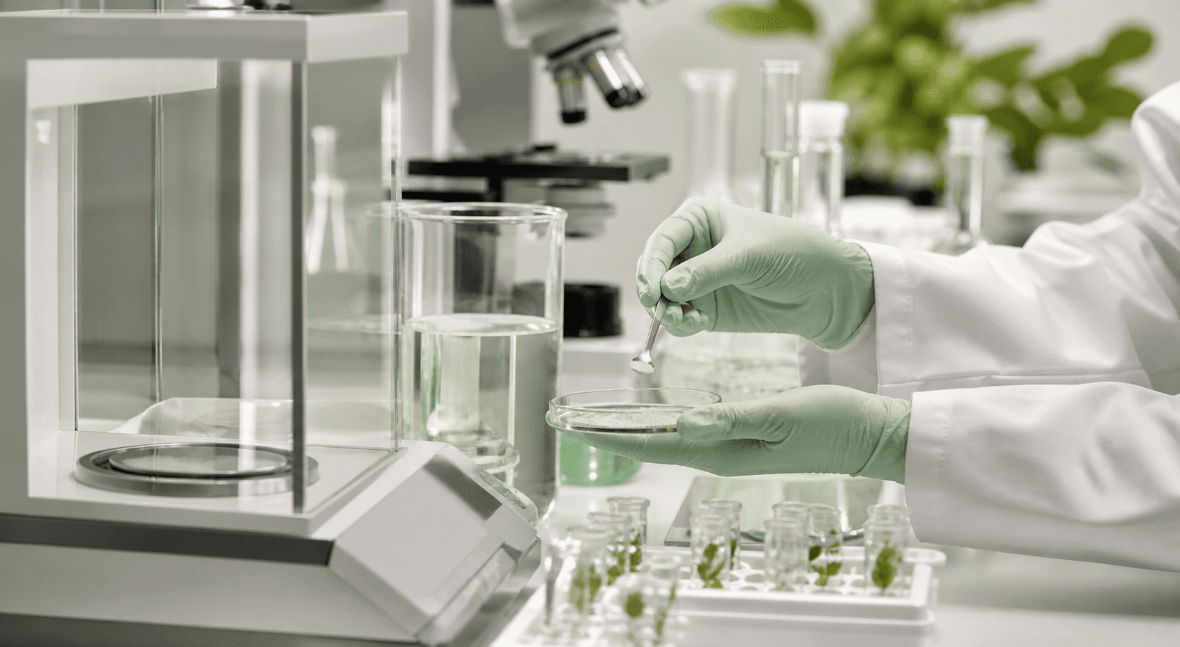 Gloved professional evaluating an ingredient sample at a clean analytical workstation